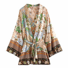 Boho Short Kimono Robe, Special Price, Dolores in Green, Brown and Black