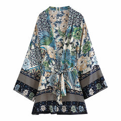 Boho Short Kimono Robe, Special Price, Dolores in Green, Brown and Black
