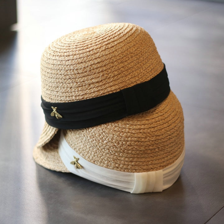 Boho Hat, Sun Hat, Beach Hat, Straw Hat, Baseball Cap, Black and White Ribbon