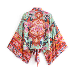 Boho Robe, Kimono Robe,  Beach Cover up, Short Robe, Maribel Peony Green