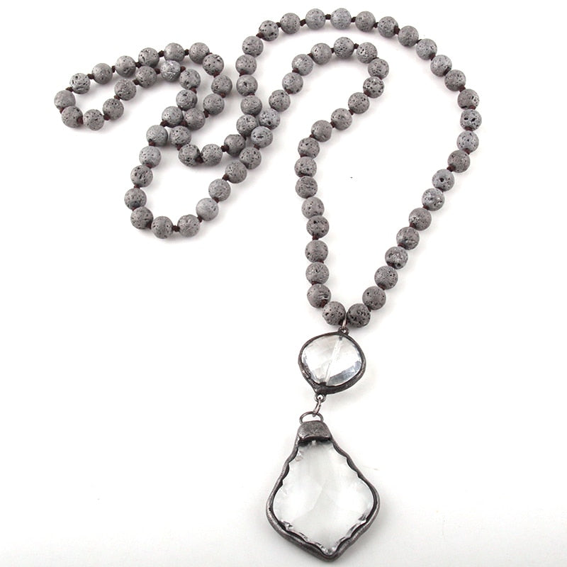Boho Necklace, RH Antique Brass Lava Stone Glass