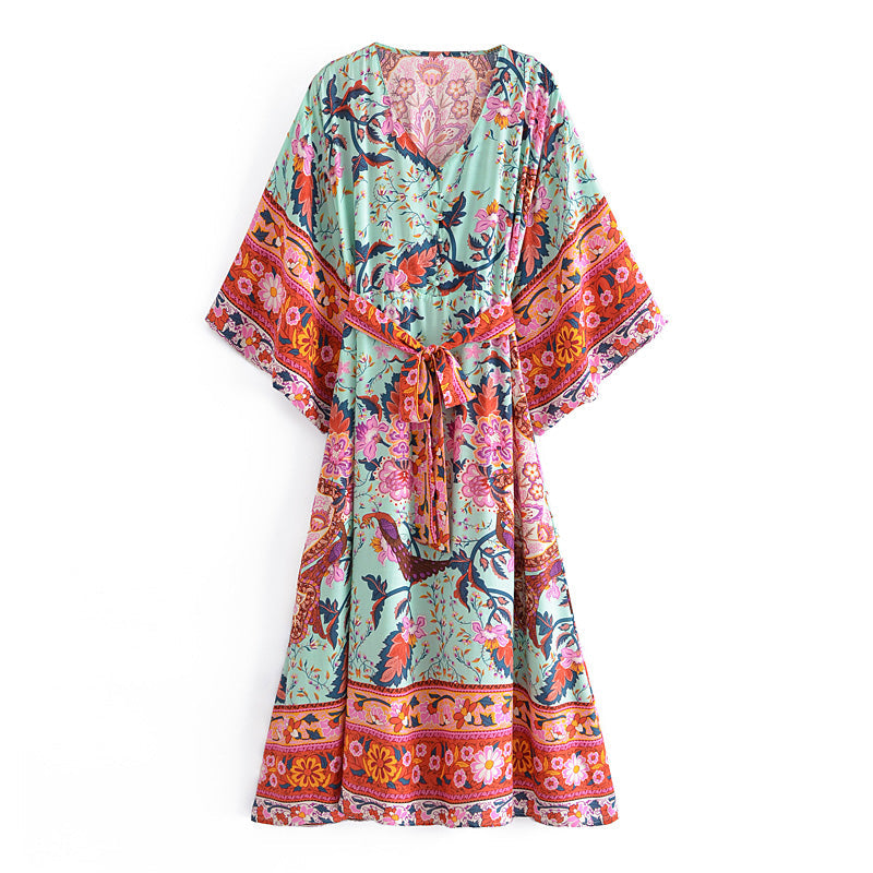 Boho Midi Dress, Kaftan Dress, Maribel Peony Green