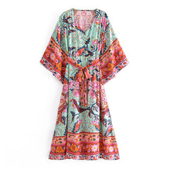 Boho Midi Dress, Kaftan Dress, Maribel Peony Green