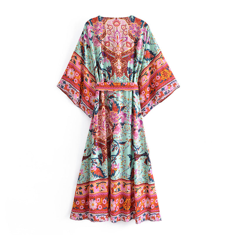 Boho Midi Dress, Kaftan Dress, Maribel Peony Green