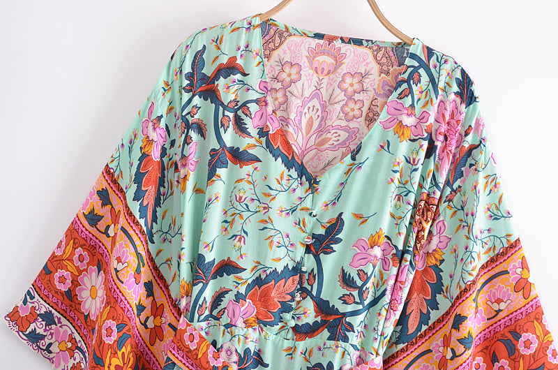 Boho Midi Dress, Kaftan Dress, Maribel Peony Green