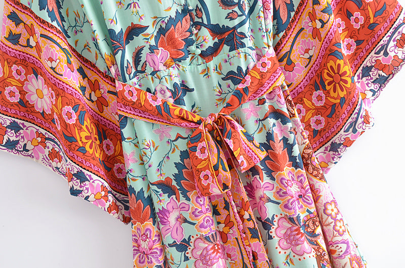 Boho Midi Dress, Kaftan Dress, Maribel Peony Green