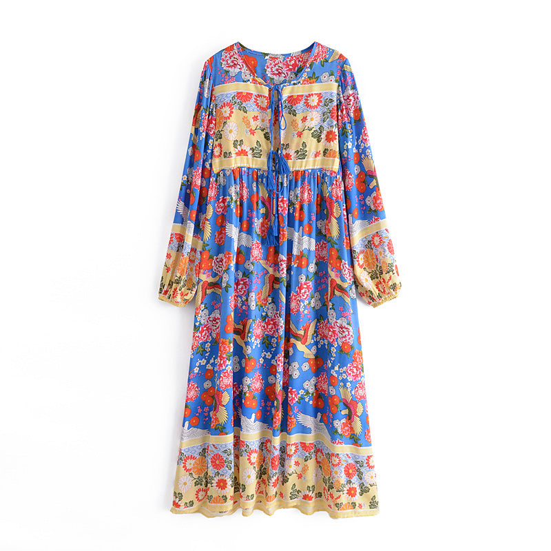 Gown Dress, Boho Maxi Dress, Loose Dress, Irma Peony Blue Bird