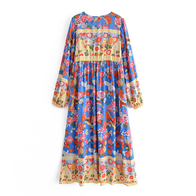 Gown Dress, Boho Maxi Dress, Loose Dress, Irma Peony Blue Bird