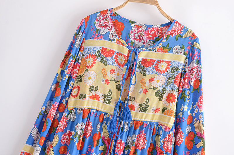 Gown Dress, Boho Maxi Dress, Loose Dress, Irma Peony Blue Bird