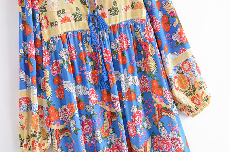 Gown Dress, Boho Maxi Dress, Loose Dress, Irma Peony Blue Bird
