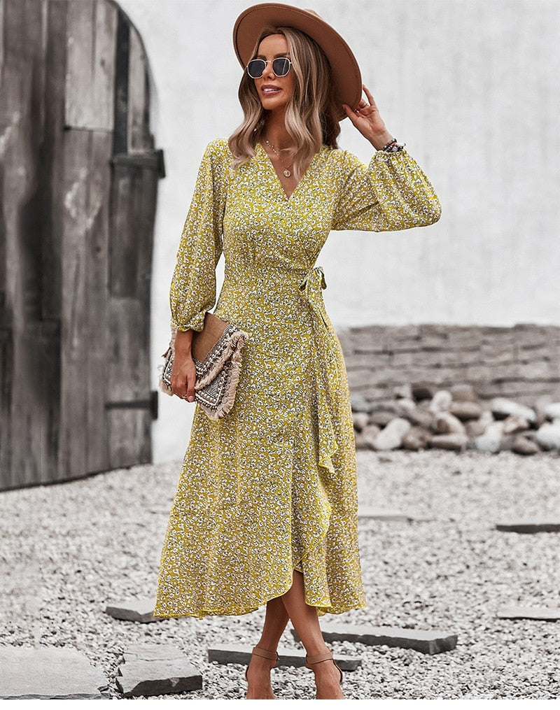 Boho Midi Dress, Autumn Dress, Claire in Yellow