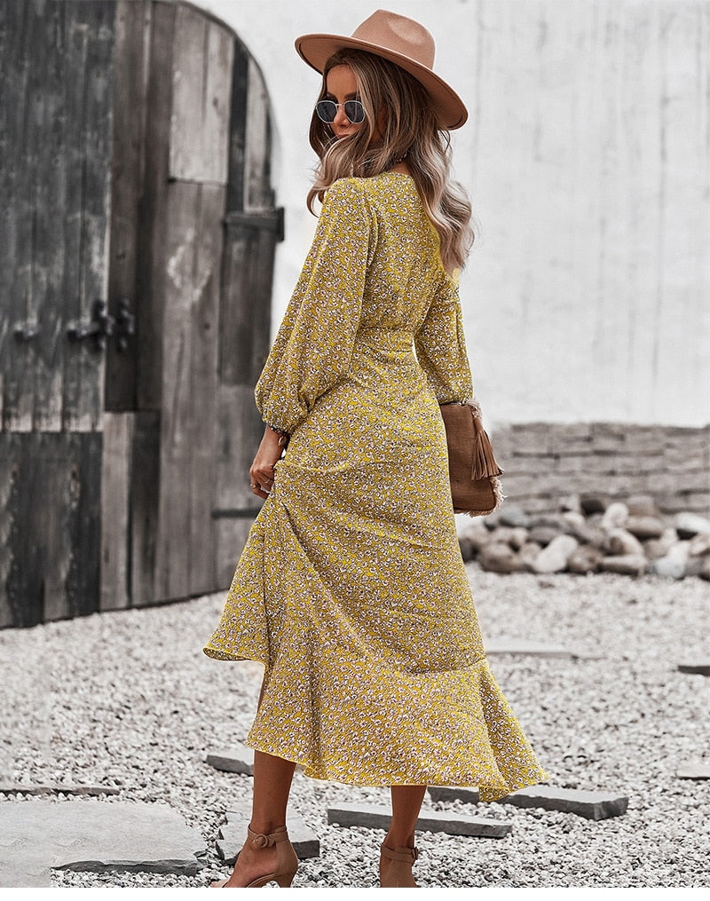 Boho Midi Dress, Autumn Dress, Claire in Yellow