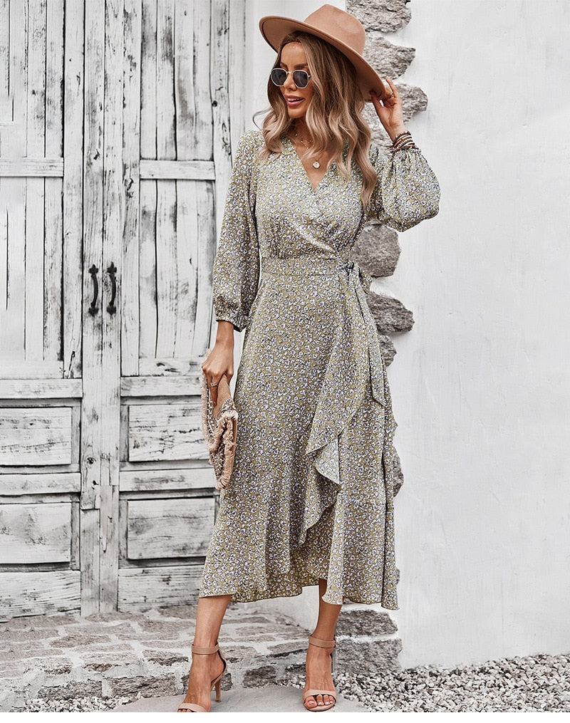 Boho Midi Dress, Autumn Dress, Claire in Beige