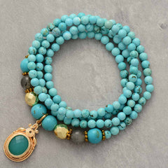 Boho Necklace, Mala Stone Beads Turquoise Gold