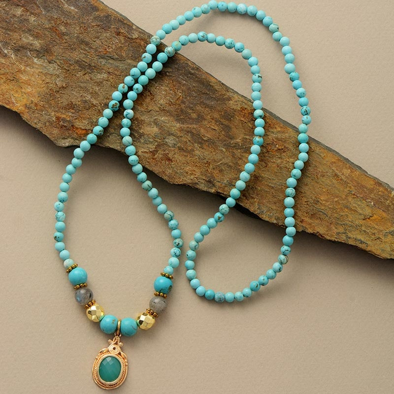 Boho Necklace, Mala Stone Beads Turquoise Gold