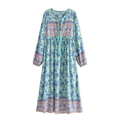 Gown Dress, Boho Maxi Dress, Loose Dress, Blue and Pink Calla