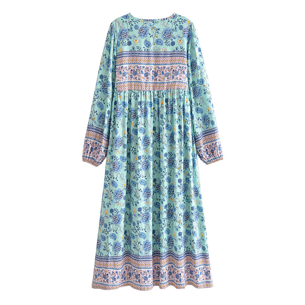 Gown Dress, Boho Maxi Dress, Loose Dress, Blue and Pink Calla