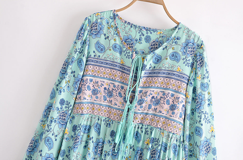 Gown Dress, Boho Maxi Dress, Loose Dress, Blue and Pink Calla