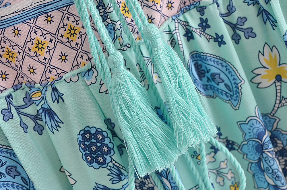 Gown Dress, Boho Maxi Dress, Loose Dress, Blue and Pink Calla
