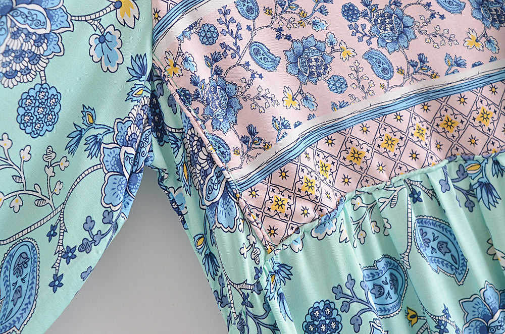 Gown Dress, Boho Maxi Dress, Loose Dress, Blue and Pink Calla