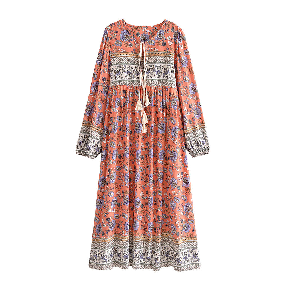 Gown Dress, Boho Maxi Dress, Loose Dress, Blue and Pink Calla