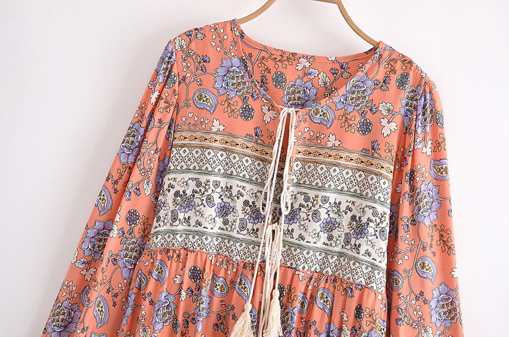 Gown Dress, Boho Maxi Dress, Loose Dress, Blue and Pink Calla