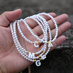 Boho Personalized Custom Necklace, Seed Bead Layered Choker, White  Pearl Letter Name