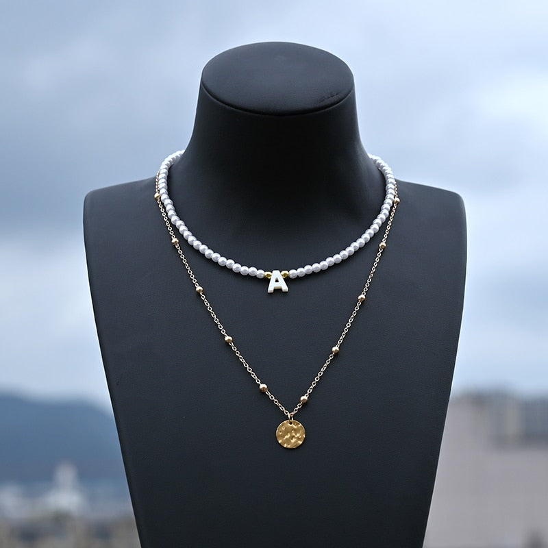 Boho Personalized Custom Necklace, Seed Bead Layered Choker, White  Pearl Letter Name