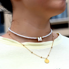 Boho Personalized Custom Necklace, Seed Bead Layered Choker, White  Pearl Letter Name