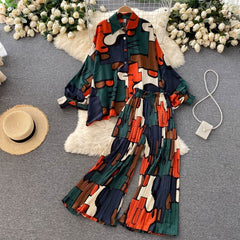 Vintage Two Piece Set, Boho Matching Top and Pant, Amalia in Orange, Blue and Green
