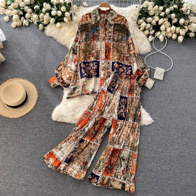 Vintage Two Piece Set, Boho Matching Top and Pant, Amalia in Orange, Blue and Green