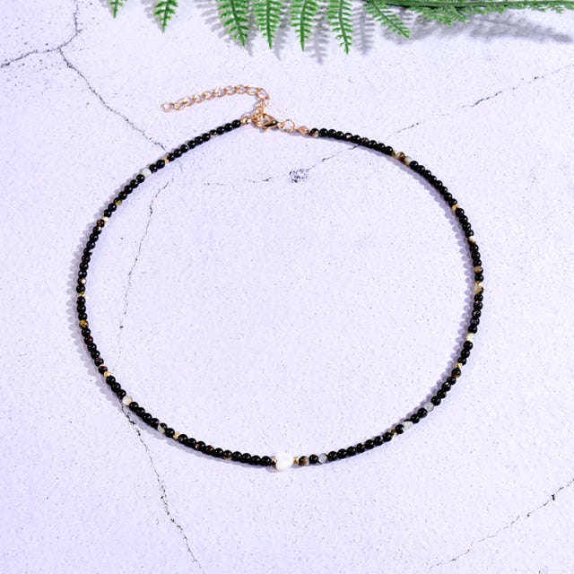 Boho Necklace,Seed Bead Choker, Black and White Crystal