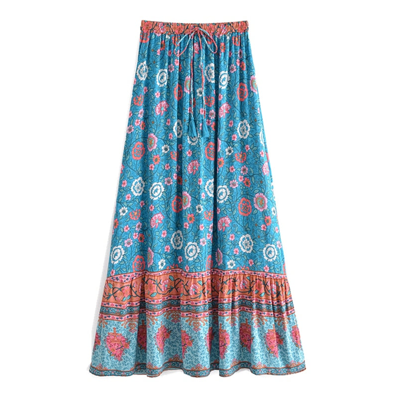Boho Skirt, Hippie Skirts, Maxi Skirt, Verbena Flower in Blue