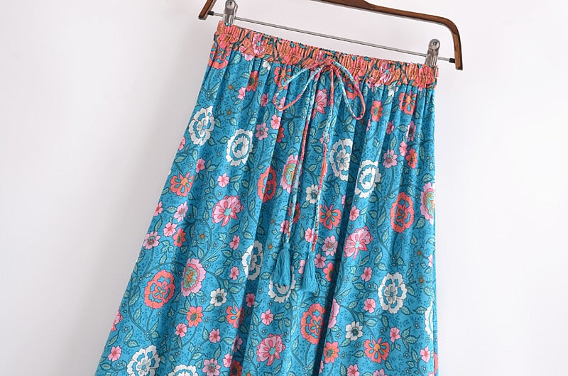 Boho Skirt, Hippie Skirts, Maxi Skirt, Verbena Flower in Blue