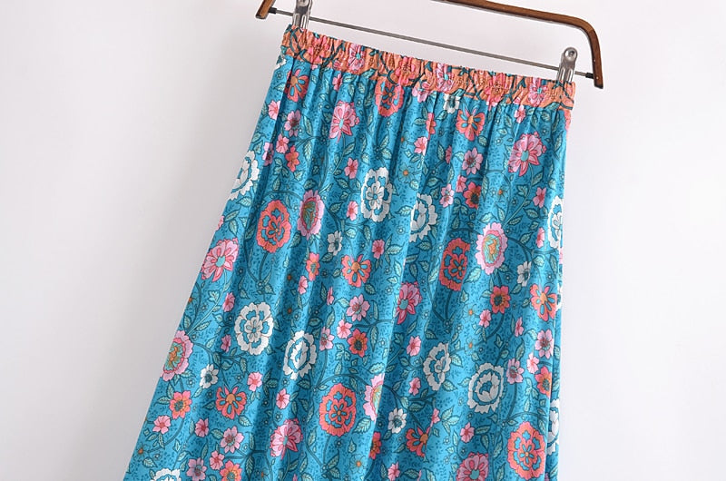 Boho Skirt, Hippie Skirts, Maxi Skirt, Verbena Flower in Blue