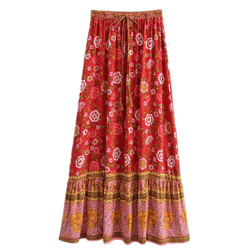 Boho Skirt, Hippie Skirts, Maxi Skirt, Verbena Flower in Red