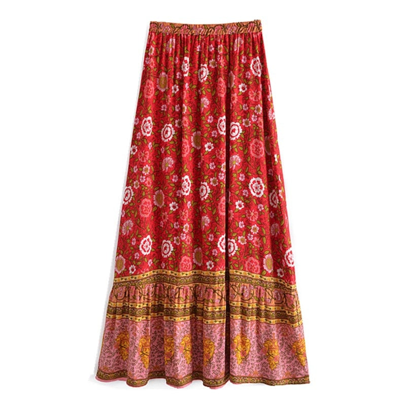 Boho Skirt, Hippie Skirts, Maxi Skirt, Verbena Flower in Red