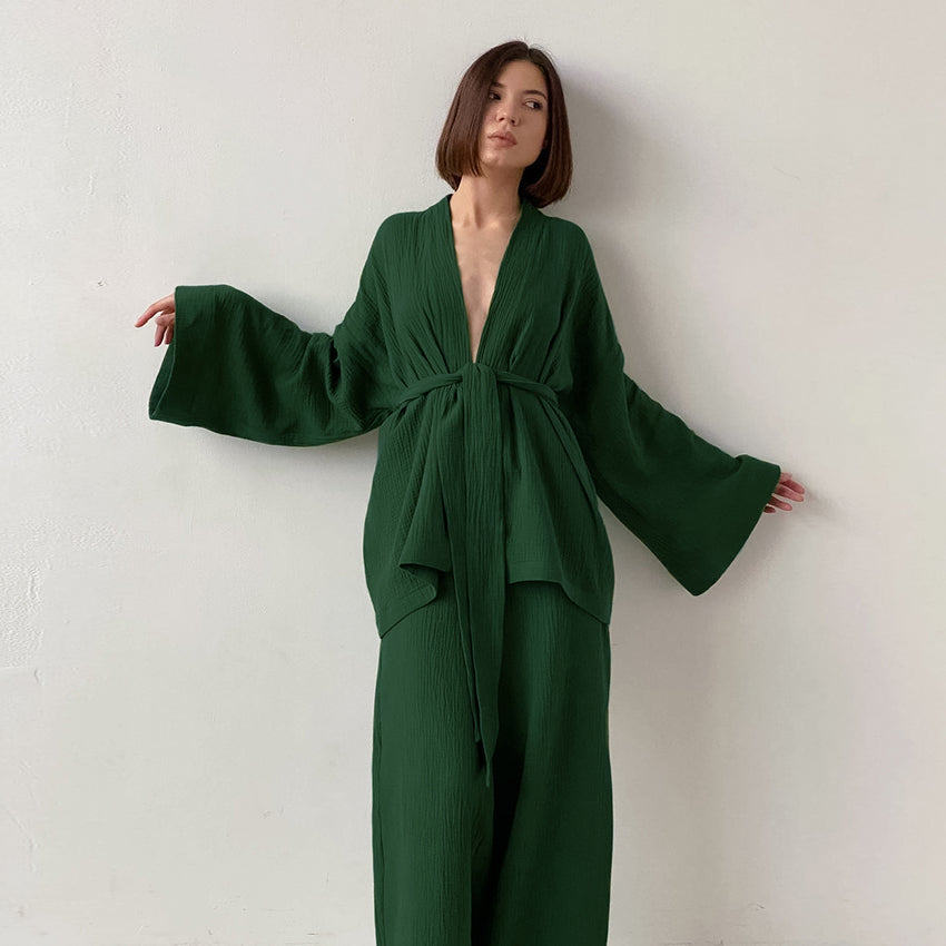Boho Pajamas, Pajamas Sets for Women, Emily Cotton  in Green, Brown and Gray