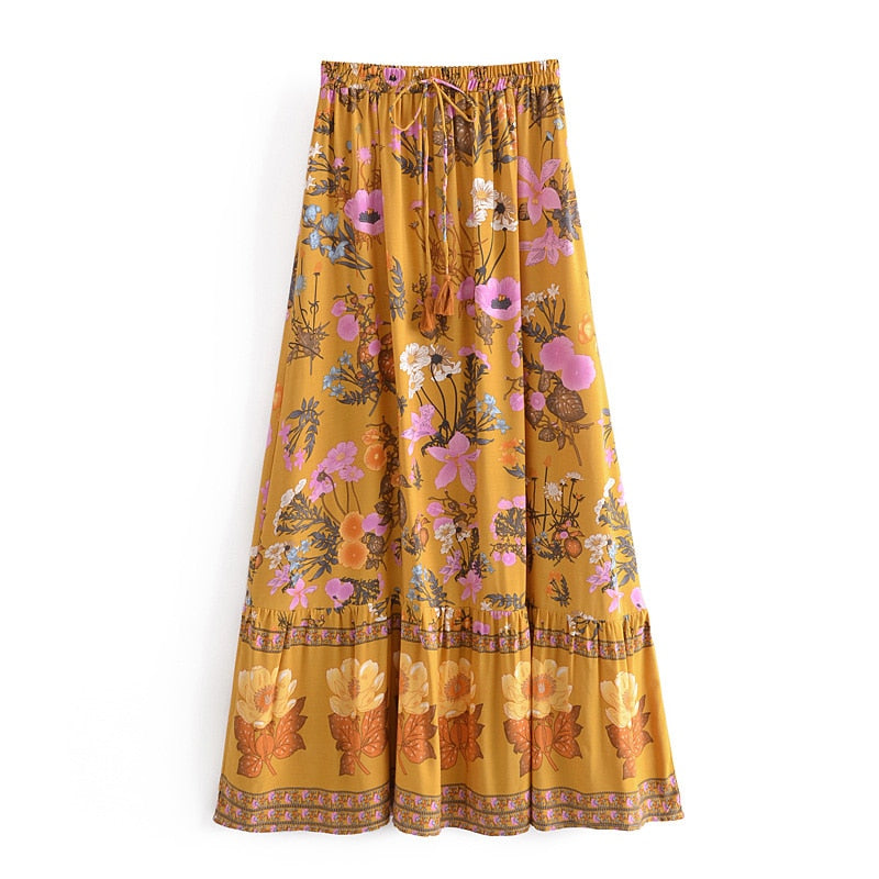 Boho Skirt, Hippie Skirts, Maxi Skirt, Adrienne Flower in Yellow and  Pink