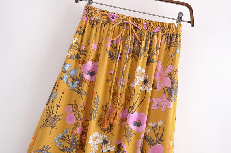 Boho Skirt, Hippie Skirts, Maxi Skirt, Adrienne Flower in Yellow and  Pink