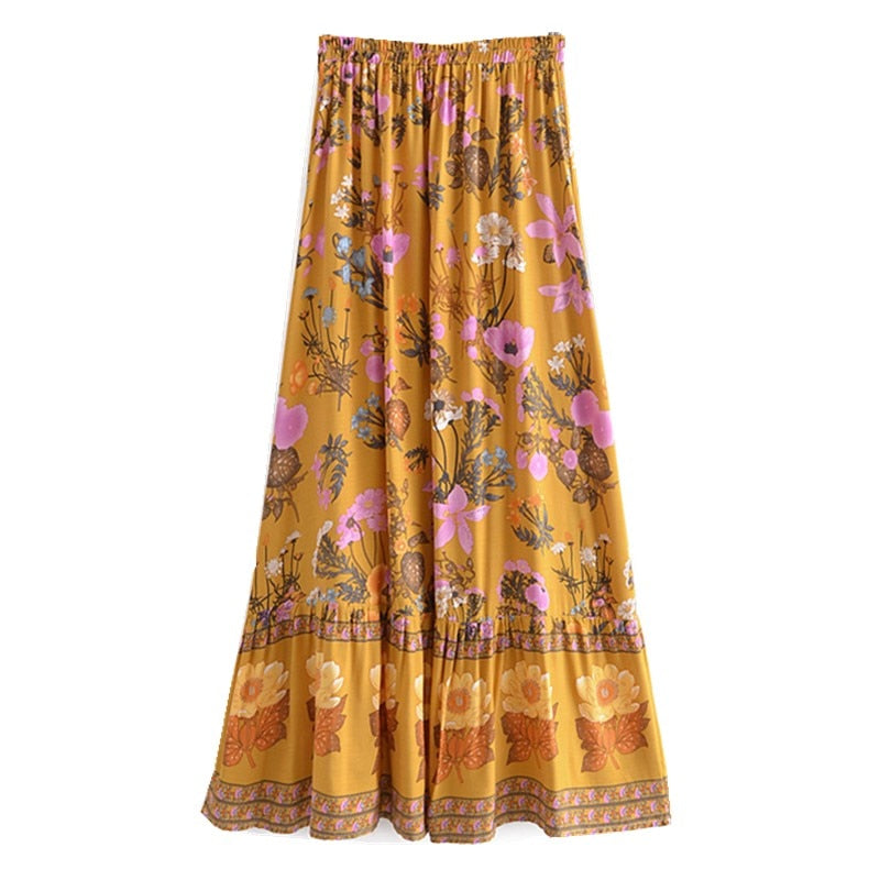 Boho Skirt, Hippie Skirts, Maxi Skirt, Adrienne Flower in Yellow and  Pink