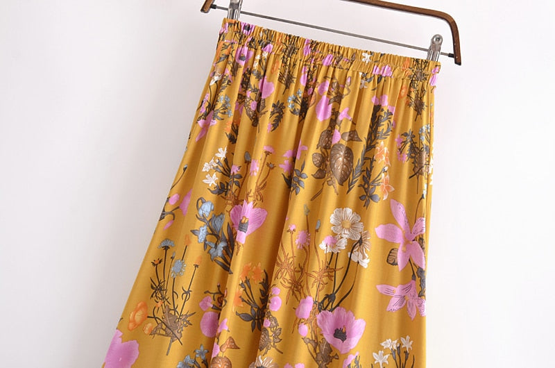 Boho Skirt, Hippie Skirts, Maxi Skirt, Adrienne Flower in Yellow and  Pink