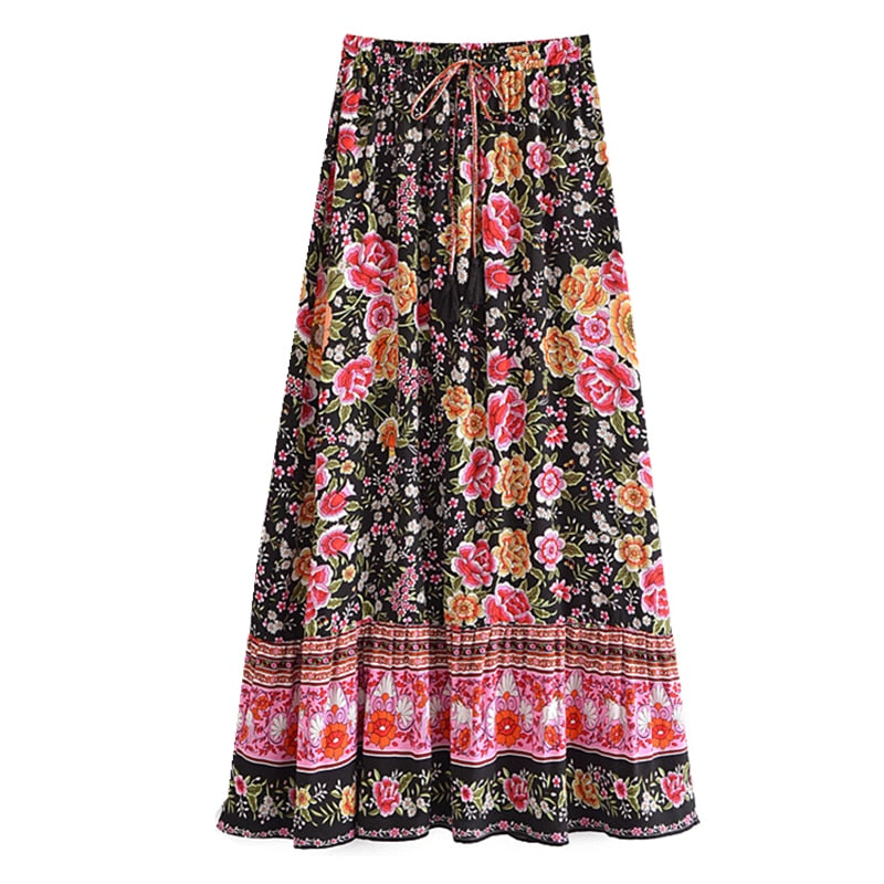 Boho Skirt, Hippie Skirts, Maxi Skirt, Eulalie Balck Pink Flower