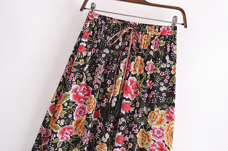 Boho Skirt, Hippie Skirts, Maxi Skirt, Eulalie Balck Pink Flower