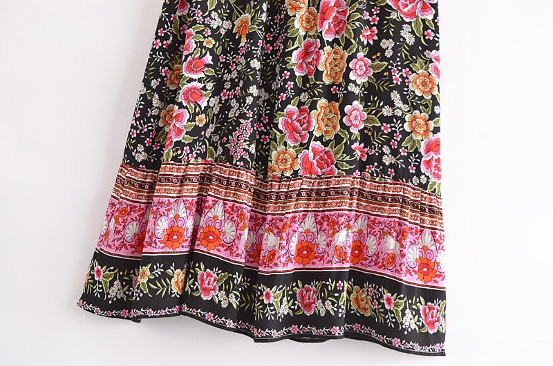Boho Skirt, Hippie Skirts, Maxi Skirt, Eulalie Balck Pink Flower