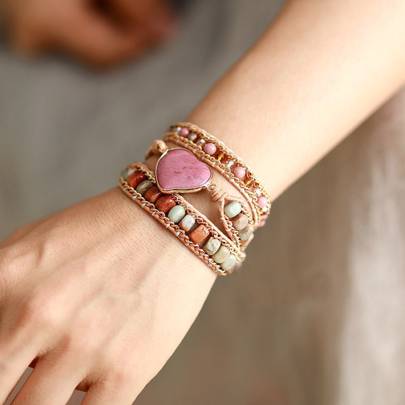 Boho Bracelet, 3 Layers Leather Wrap Bracelet, Jasper Rhodonite Heart