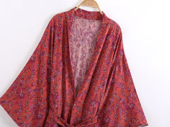Boho Robe, Kimono Robe,  Beach Cover up, Red Woolflower