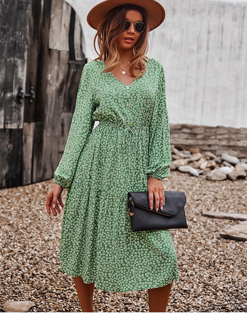 Boho Midi Dress, Claire in Green