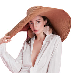 Boho Hat, Sun Beach Hat, Wide Brim Paper Straw Hat 30 cm Brim, Mila in Brown, Beige and Black