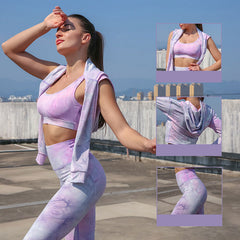 Yoga Set, Yoga Legging, Printed Workout 3 Piece Set Hooded Shirt Top, Vest and Legging, Tie-dye Fitness in Blue
